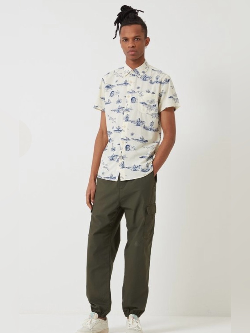 Deus Ex Machina Ralph Springs Short Sleeve Button Down Shirt Ecru Blue Small